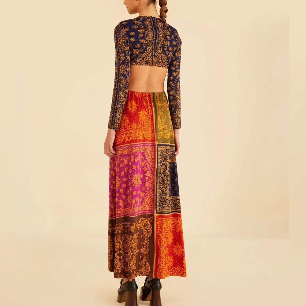 Farm Rio Multicolor Bandana Dream Cut Out Maxi Dress Large New Resort Vacation - Picture 2 of 11